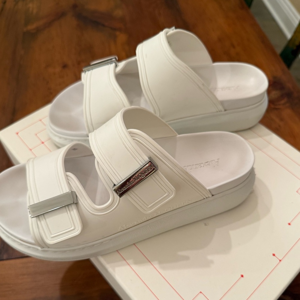 Alexander McQueen Ivory Slide Sandals with Silver Details